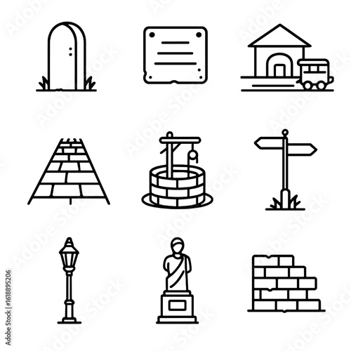 Historical Landmark Icons. Outline icon set of overlooked historical landmarks: old milestone, faded plaque, abandoned train