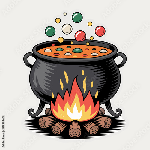 Bewitching cauldron simmering over a roaring fire with colorful bubbles escaping the potion brew creating a mystical atmosphere