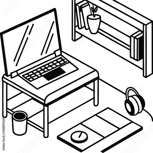 dorm with laptop headphones and tidy desk