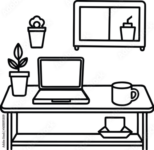 dorm with laptop cup of tea and small shelf