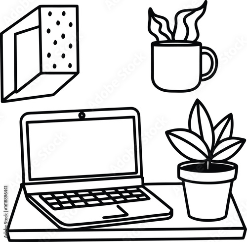 dorm room with laptop mug and tidy shelf