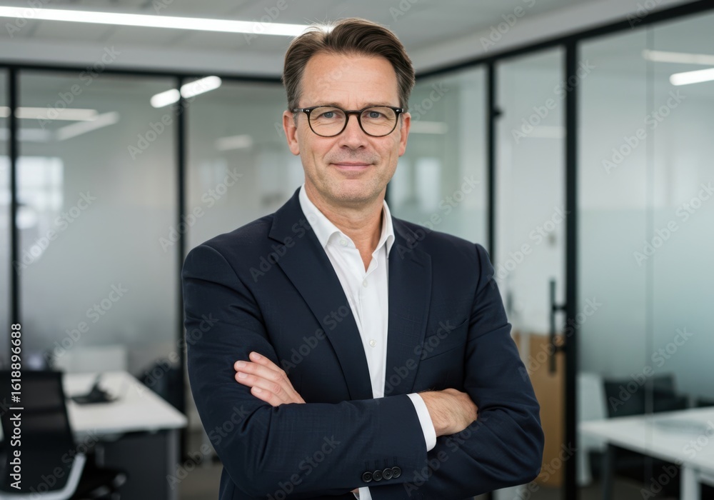 Fototapeta premium Professional business executive poses confidently with arms crossed in modern office environment wearing a suit and glasses