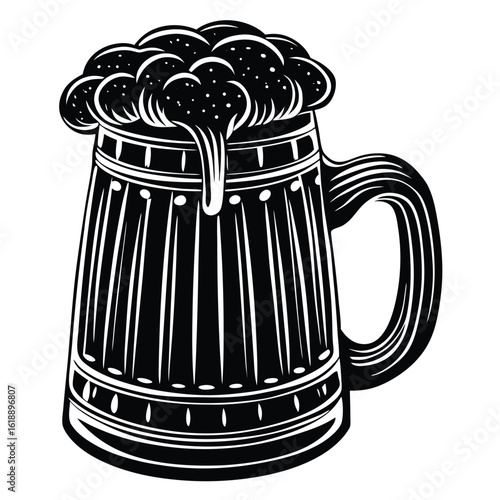 Frothy beer mug with thick handle foam drink