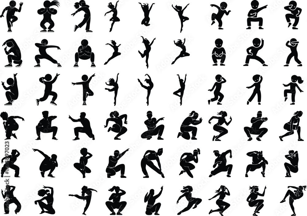 Naklejka premium TikTok Dance Poses Icon Silhouette Set Trendy TikTok Dancer Silhouettes Vector Icons