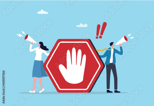Forbidden warning, prohibition, don't do or stop rule, false or restriction, danger, bad hazard disallow message, illegal or ban concept, business people announce forbidden message with prohibit sign