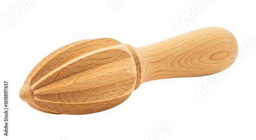 A wooden citrus reamer with a handle and a ribbed head for squeezing juice out of citrus fruits on transparent background