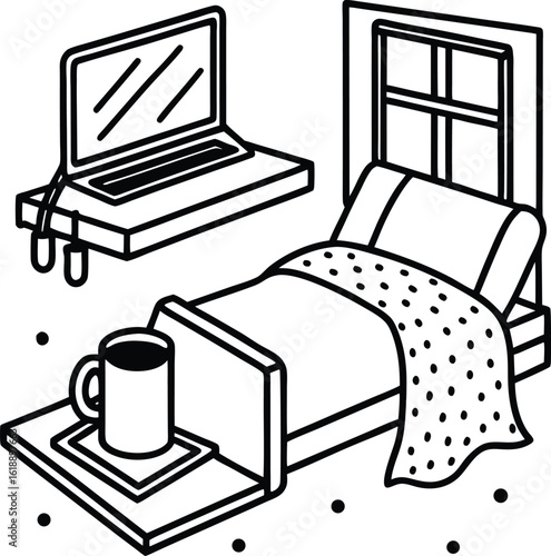 dorm room with laptop on bed cup of tea and blanket