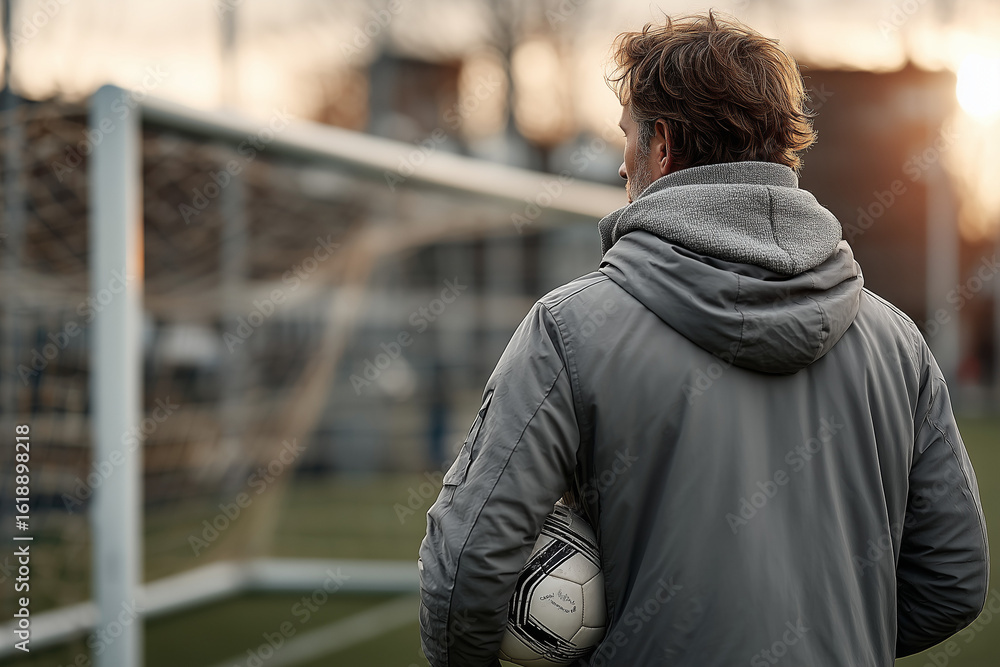 Fototapeta premium A soccer player, seen from behind, walks towards a goal at sunset, carrying a football under his arm. The scene evokes reflection and dedication after a game or practice.