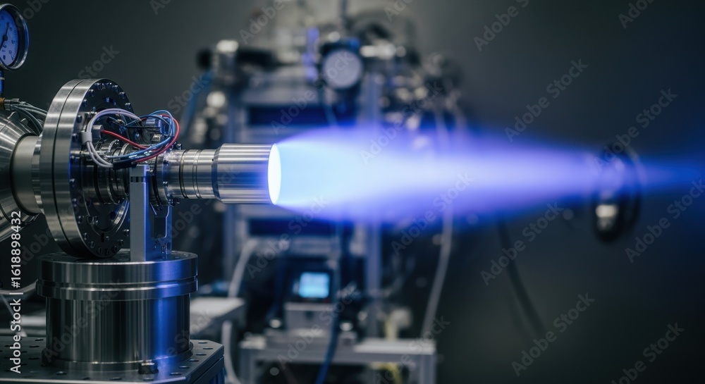 Fototapeta premium Ion thruster exhaust plume visible in a vacuum test setup simulating deepspace operation for advanced satellite propulsion systems.