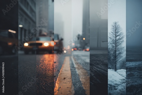 Different weather conditions and landscapes showcased in a composition including a rainy city street with a yellow taxi and a wintery scene with snow and a leafless tree