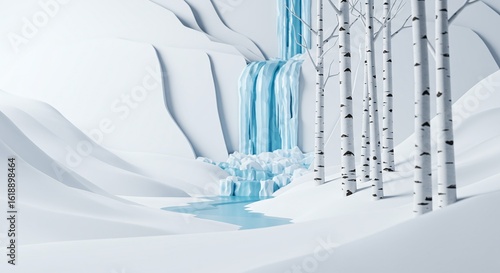 Winter Waterfall: Frozen Landscape with Birch Trees, Ice, and Snow - Snowy Scene with Cascade in White and Blue Tones, Cold Wilderness, Background, Illustration