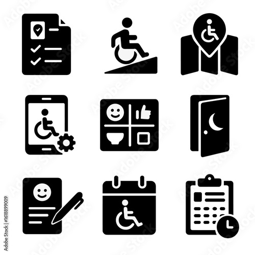 Accessible Event Icons. Solid, filled icons set of accessible event planning tools: venue checklist, ramp icon