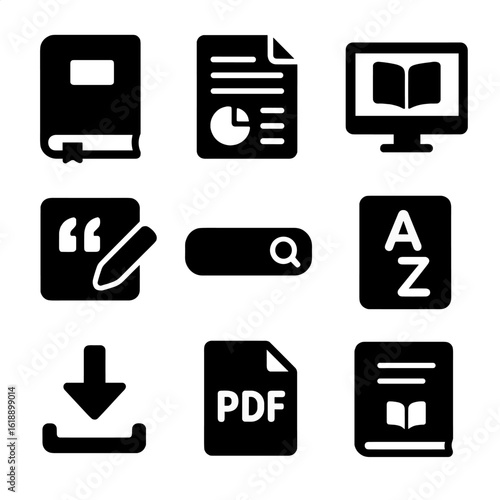 Academic Resource Icons. Solid, filled icons set of academic resources: textbook icon, research paper,