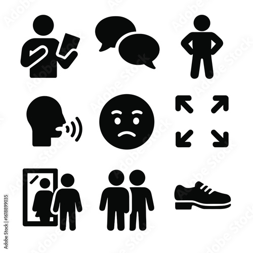 Acting Icons Grid. Solid, filled icons set of actor performance practice: monologue icon, dialogue bubble,