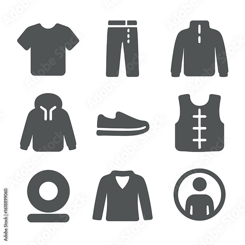 Adaptive Apparel Icons. Solid, filled icons set of gender-neutral adaptive apparel: neutral-tone tee,