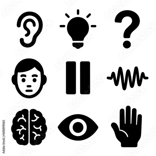 Active Listening Icons. Solid, filled icons set of active listening cues: ear icon, lightbulb idea, question