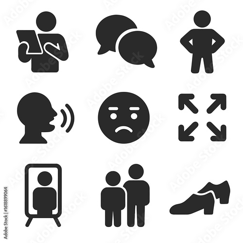 Acting Icons Grid. Solid, filled icons set of actor performance practice: monologue icon, dialogue bubble,