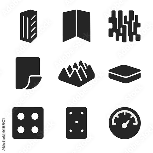 Acoustic Treatment Icons. Solid, filled icons set of acoustic treatment tools: bass trap, corner panel,
