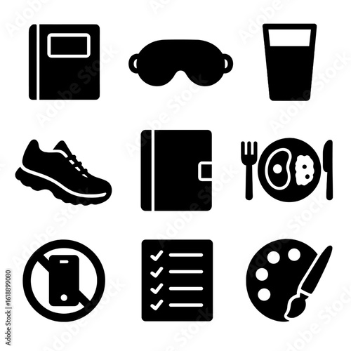 Adaptive Habits Icons. Solid, filled icons set of adaptive behaviors and habits: journal icon, sleep mask,