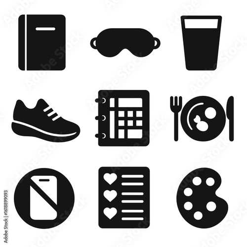 Adaptive Habits Icons. Solid, filled icons set of adaptive behaviors and habits: journal icon, sleep mask,