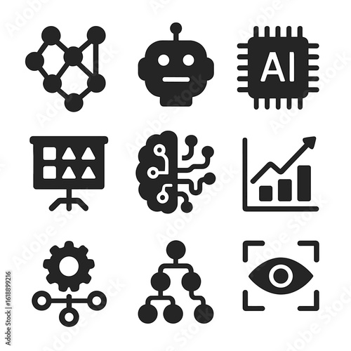 AI Icons Grid. Solid, filled icons set of learning AI and machine learning: neural network, robot head, AI