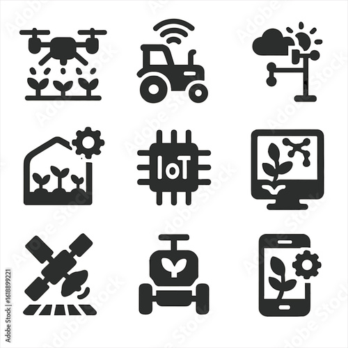 AgriTech Icon Set. Solid, filled icons set of startups in agriculture technology: drone spraying, smart