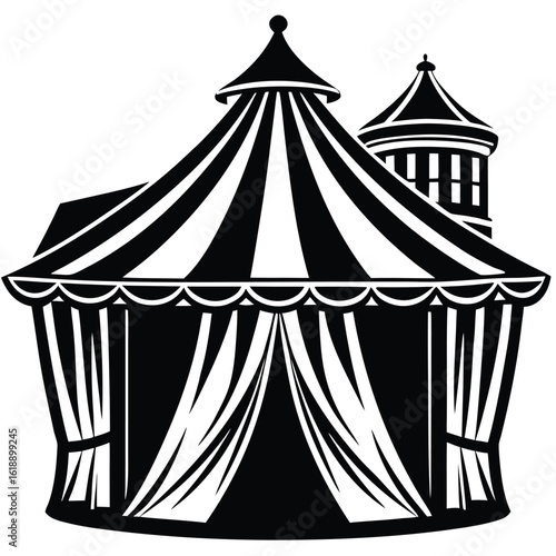 Black and white tent with peaked roof festival circus