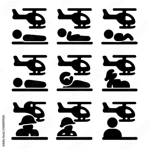 Airlift Evacuation Icons. Solid, filled icon set of airlift evacuation patient types: adult, child, injured person, unconscious