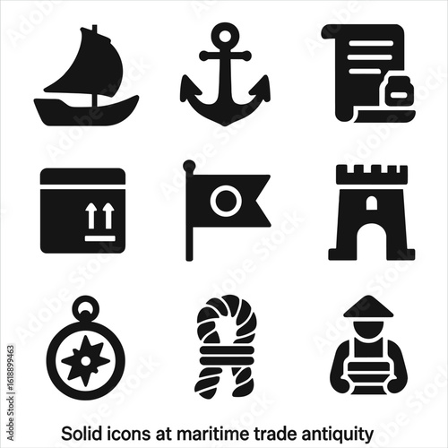 Ancient Maritime Trade Icons. Solid, filled icons set of maritime trade in antiquity: sailboat, anchor, cargo