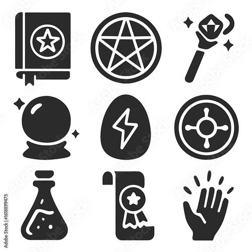 Ancient Spell Icons. Solid, filled icons set of ancient spells: spellbook, arcane circle, enchanted staff,