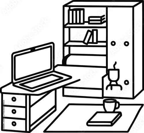 cozy dorm room with tidy shelf and laptop mug