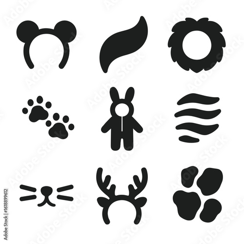 Animal Costume Icons. Solid, filled icon set of animal costumes: bear ears, fox tail, lion mane, wolf paws, bunny costume, tiger