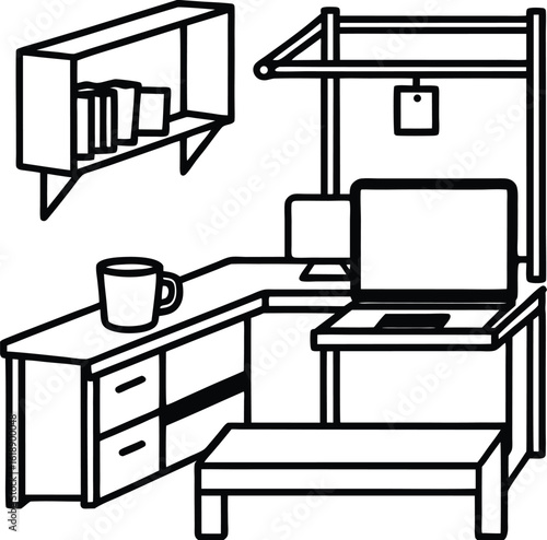 dorm with laptop on bed coffee mug and shelf 22