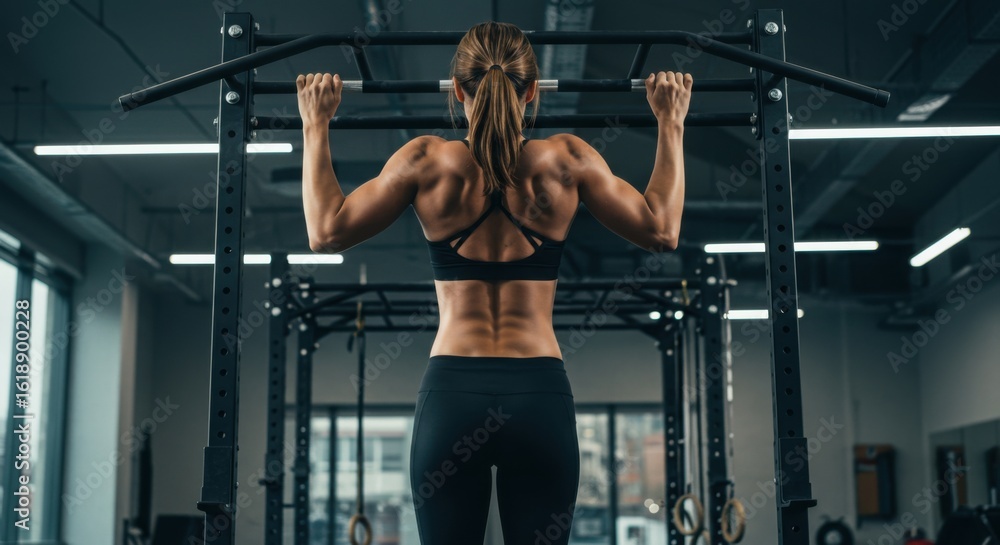 Fototapeta premium Fit Woman with a Strong, Muscular Back Performing a Pull-Up in the Gym 