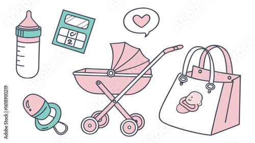 Adorable baby essentials including a stroller, bottle, pacifier, and diaper bag for creating sweet nursery designs and newborn announcements