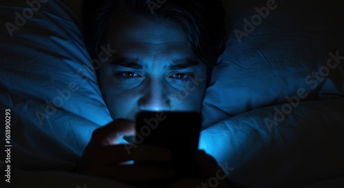 Anxious Man Using Smartphone in Bed at Night

