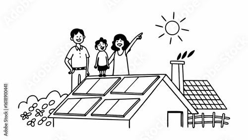 Happy family embracing sustainable living with solar panels on their home roof, a bright future powered by renewable energy together