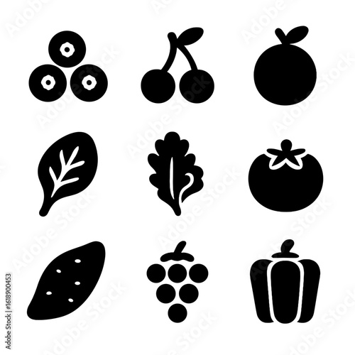 Anti-Inflammatory Food Icons. Solid, filled icon set of fruits and vegetables for inflammation: blueberries, cherries, oranges,