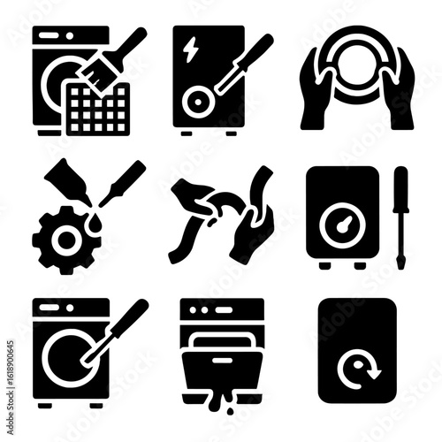 Appliance Maintenance Icons. Solid, filled icon set of appliance maintenance tasks: cleaning filter, checking wiring, replacing