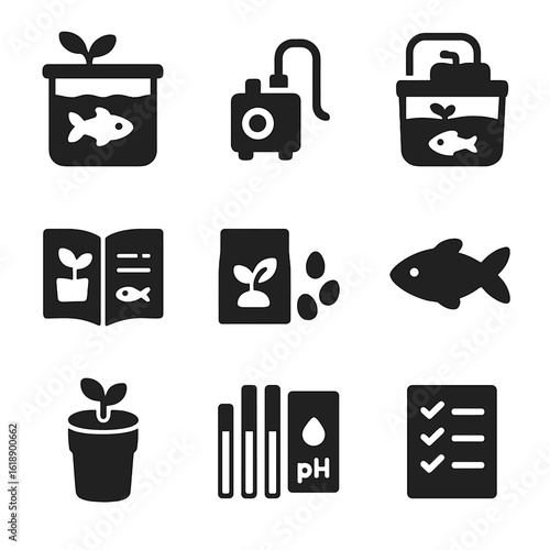 Aquaponics Starter Kit Icons. Solid, filled icons set of beginner aquaponics starter kits: mini tank, simple