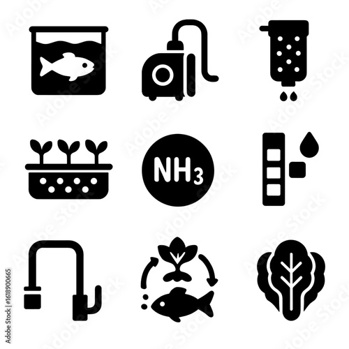 Aquaponic Systems Icons. Solid, filled icons set of aquaponic systems: fish tank, water pump, biofilter, plant