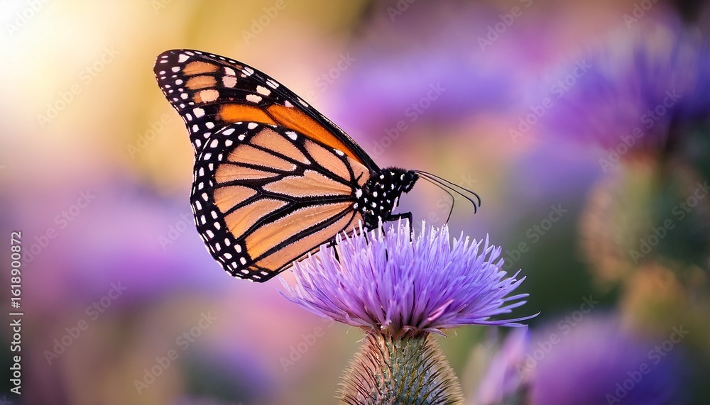Obraz premium monarch butterfly resting on purple flower with soft bokeh background