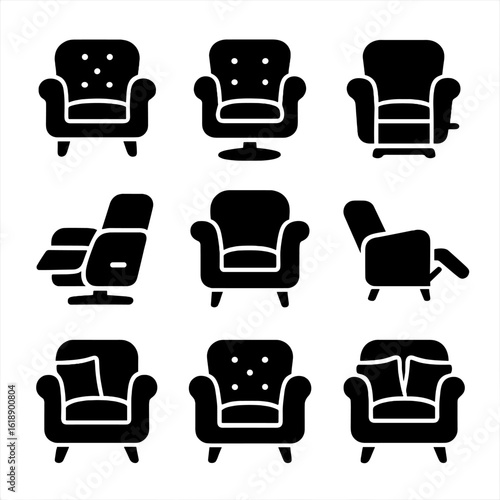 Armchair Icon Set. Solid, filled icon set of armchair features: cushioned seat, padded armrests, wooden legs, upholstery fabric,