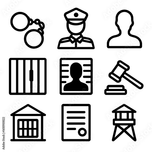 Arrest and Detention Icons. Solid, filled icon set of arrest and detention: handcuffs, police officer, suspect silhouette, jail