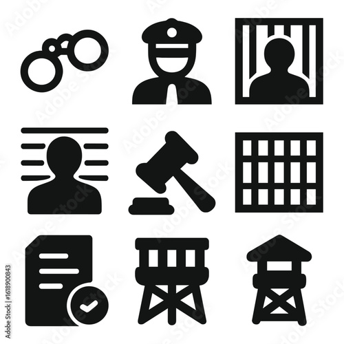 Arrest and Detention Icons. Solid, filled icon set of arrest and detention: handcuffs, police officer, suspect silhouette, jail