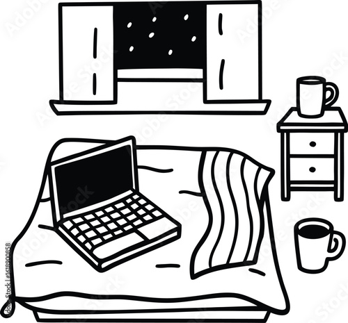 dorm room with laptop coffee mug and plants