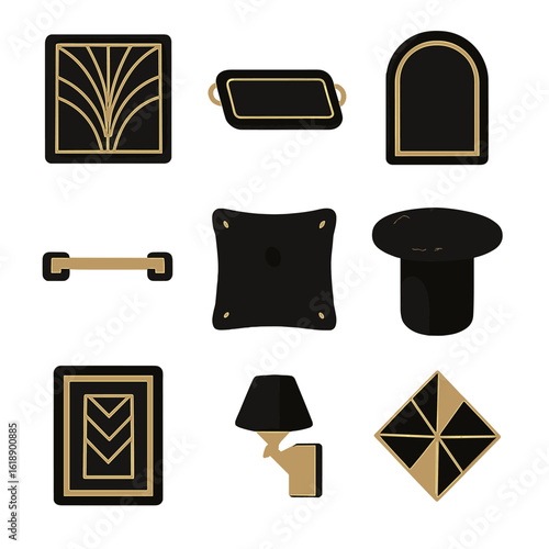 Art Deco Icon Collection. Solid, filled icons set of black and gold Art Deco themes: gilded line art, black