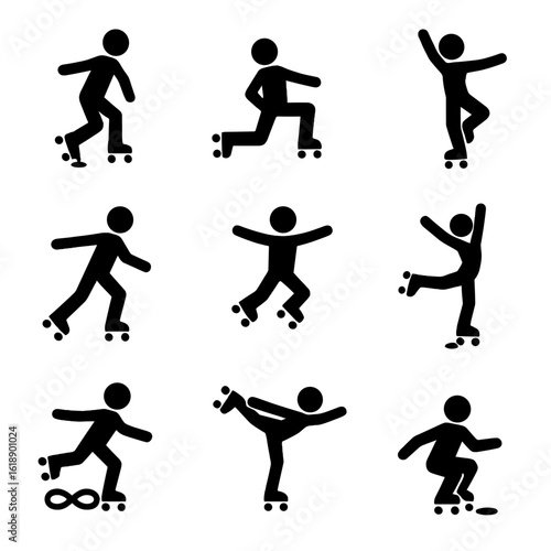Artistic Skating Icons. Solid, filled icons set of artistic roller skating moves: toe stop spin, lunge stop,