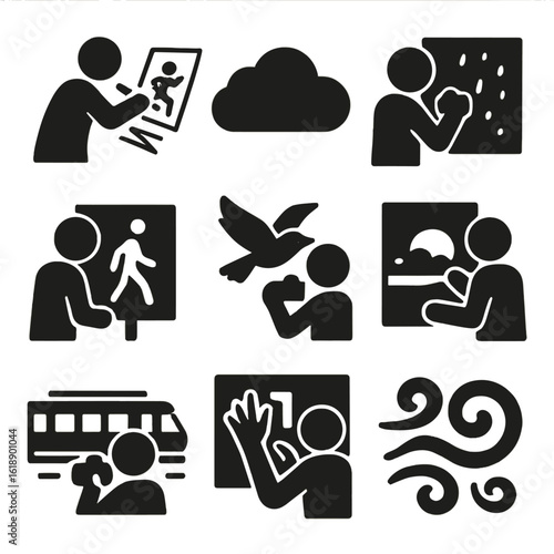 Artists Capturing Fleeting Moments. Solid, filled icons set of artists capturing fleeting moments: sketch in