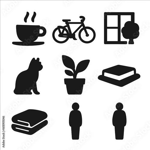 Artist's Daily Icons. Solid, filled icons set of artist’s daily observation objects: coffee cup, parked